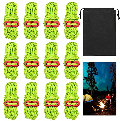 GOYADA 12PCS 5mm Tent Guy Ropes, 16ft/5m Reflective Tent Cord Windproof, Luminous Guy Line Nylon Rope with Aluminum Adjuster for Camping, Hiking, Awning, Tarp Tents, Backpacking (Green)