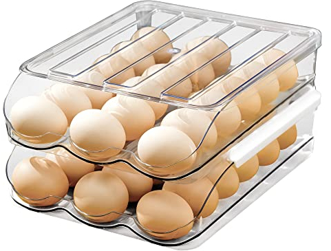 Large Capacity Egg Holder For Refrigerator Auto Rolling Egg Container Organizer Tray Bins Stackable Fresh Storage Box For Fridge Plastic Clear(2 Layers)