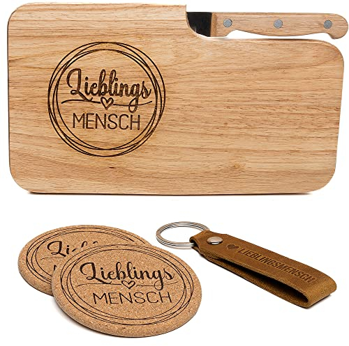 kupi Lieblingsmensch Geschenk für Freunde | Holzbrettchen mit Gravur | Geburtstagsgeschenk für Frauen & Männer | Holz Schneidebrett | Frühstücksbrettchen + Leder Schlüsselanhänger + Glasuntersetzer