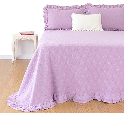 Casa da Laura - Colcha Lila para Camas 135/140 / 150 - Colcha 240 x 260 cm - Colcha Elegante con Rombos y Ribete de Volante - 100% Algodón Prelavado