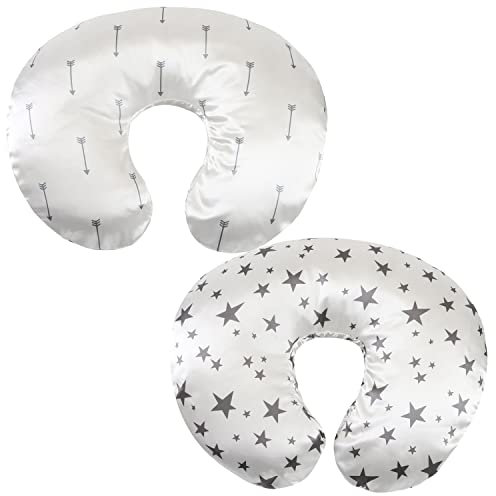 Satin-Stillkissenbezug-Set, ultraweiche Seide, kompatibel mit Boppy-Kissen zum Stillen, schützt Babyhaar und Haut, graue Pfeile und Sterne, 2 Stück