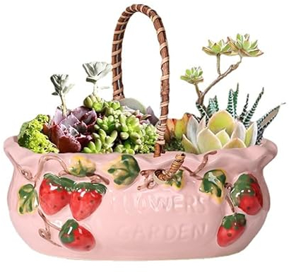 Grand pot de fleurs en céramique rose avec vase à fraises, pot de fleurs unique pour cactus avec trou, décoration de maison, bureau et jardin