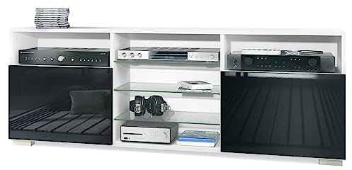Vladon Meuble TV Granada, Lowboard avec 2 Portes et 6 Compartiments Ouverts, Corps Blanc Mat, façades en Noir Haute Brillance (146 x 54 x 35 cm)