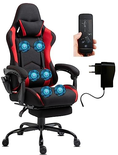 Delman Gaming Chaise Racing Chaise de Bureau Chaise d'ordinateur Fonction Massage avec 6 Points de Vibration Fauteuil de Direction Tissu Repose-Pieds Ergonomique 1036 (Red)