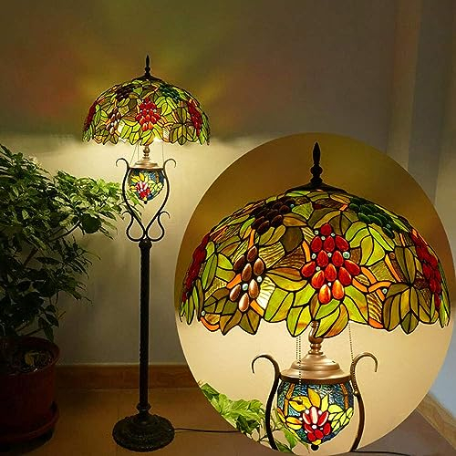 Vintage Tiffany Wohnzimmer Stehleuchte mit Schalter Ø50cm Handbuch Glasmalerei Traube Design E27 Schlafzimmer Kunst Stehlampe 4 Flammig Retro Büro Studie Leselicht Nachtlicht 66 Zoll hoch Standllampe