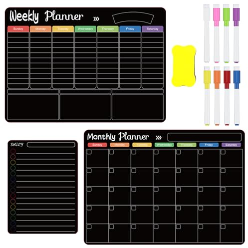 3 PCS Magnetic Fridge Planner Calendar Set, Magnetic Weekly Planner for Fridge, Monthly Planner & Meal Planner, Magnetic Meal Fridge Planner, with Extra-Thick Magnet, Fine Point Marker & Eraser (3)