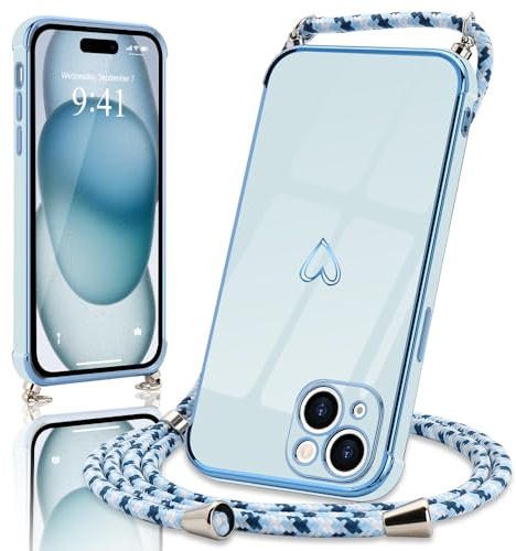 Micoden Handykette kompatibel mit iPhone 15 hülle Ultra dünn Kameraschutz Herz Love Design Galvanik Silikon Bumper Case Kordel zum Umhängen Handyhülle mit Band Schutzhülle,Blau