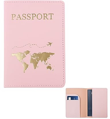 FuninCrea Protege Passeport, Pochette Passeport pour Hommes et Femmes, Porte Passeport en Cuir PU Fonctionnel Multiples, Portefeuille Passeport Voyage Accessoires Organisateur de Documents (Rose)