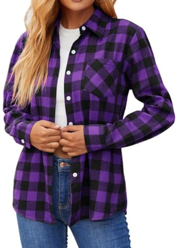 SANGTREE Mädchen & Damen Button Down Shirts Langarm Flanellhemd, 1# Lila Plaid, X-Groß
