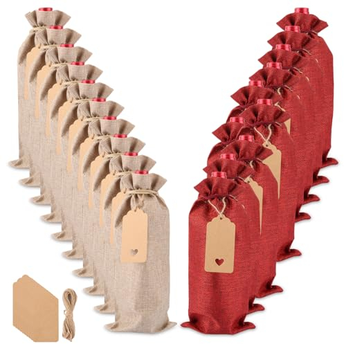 ZOFUN 20 Stück Jute Weinbeutel Geschenktüten Flaschen, Weinflaschen Verpackung, Wiederverwendbare Sackleinen Wein-Geschenkbeutel mit Geschenkanhänger und Zwirn,Geschenktüte Flasche für Hochzeit, Party