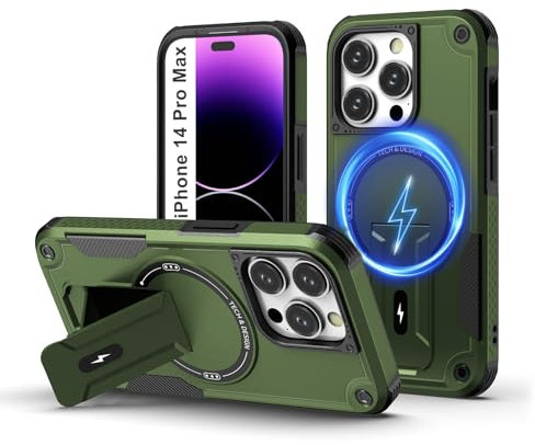 Tuvror Magnetic for iPhone 14 Pro Max Case with stand. [Compatible with MagSafe] Built-in kickstand. Rugged Protection Heavy Duty Shockproof Case for iPhone 14 Pro Max (Green)