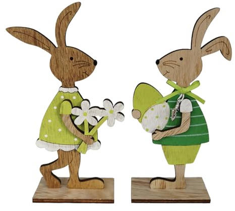2er Set Hase aus Holz 17cm groß grün und braun Ostern Figur Osterhase Dekofigur Osterdeko
