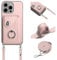 xinyunew Wallet Case for iPhone 13 Mini, Case with 360° Metal Ring Kickstand, Shockproof Protective Case with Adjustable Strap Strap Necklace for iPhone 13 Mini-Pink