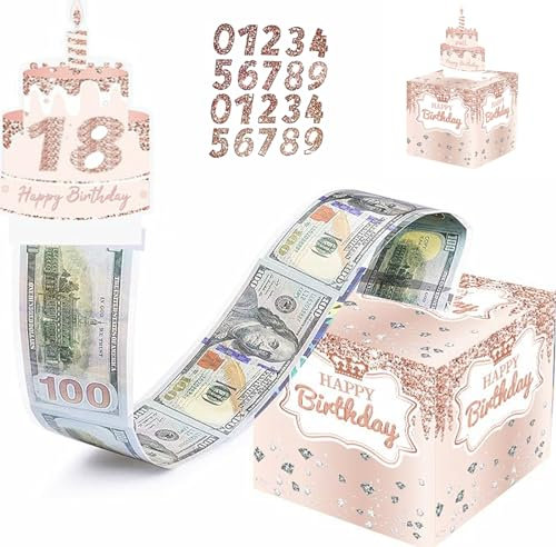 Happy 13th,18th,21st,30th,40th,50th,60th,70th Birthday Money Box for Cash Gift,Rose Gold Pull Surprise Money Gift Box for with Age Stickers for Any Age,Birthday Money Box for Cash Gift Pull Box