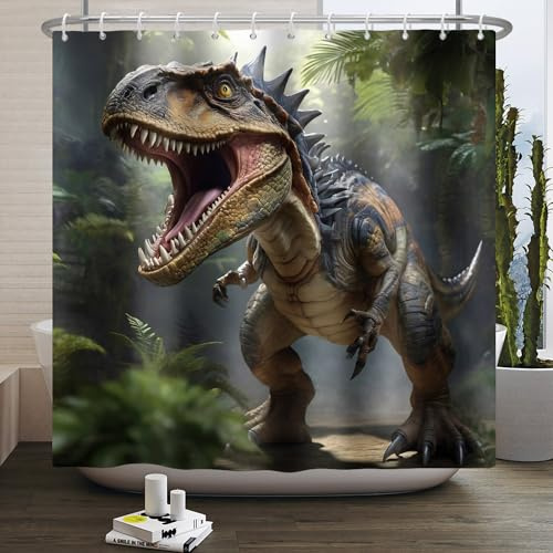 SDOTPMT 140x183cm Tier Dinosaurier Stoff Duschvorhang Dino Trex Raptor Silhouette Jungen Badezimmer Vorhang Wildlife World Style wasserdichte Stoff Badezimmer Dusche Dekor mit Haken