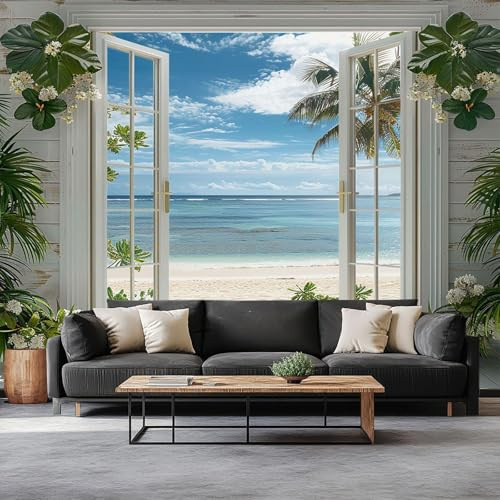 Fotomural ventana con vista al mar Fotomural Pared, 250x175 cm Papel Pintado 3D, Fotomurales Decoración de Comedores Moderna Lana Sala Cuarto Salón
