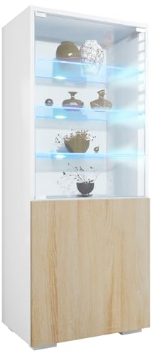 Vladon Vitrine Granada, Made in Germany, Vitrinenschrank mit Glastür und Glaseinsatz inkl. LED, Weiß matt/Eiche sägerau (50 x 122,5 x 34,5 cm)