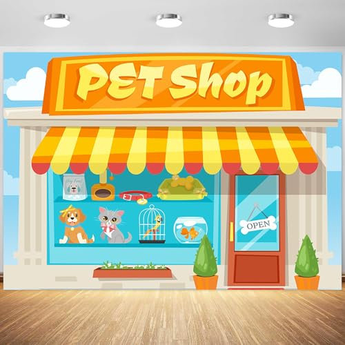 10x8ft Pet Shop Backdrop Cartoon Cat Dog Pet Shop Photography Background Girl Boy 1st Birthday Party Decoration School Play Wallpaper Supplies Photo Booth Props