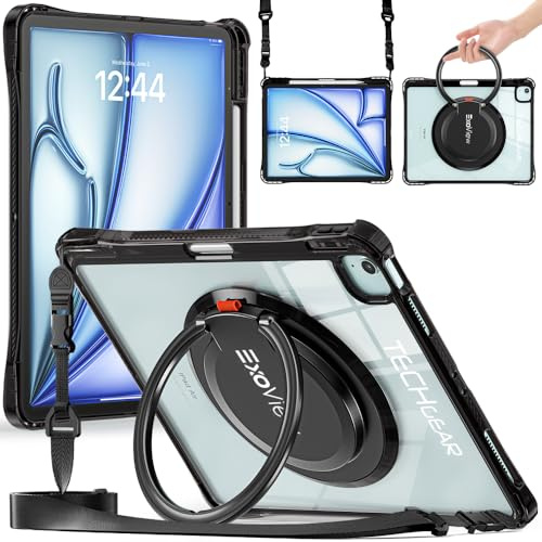 TECHGEAR ExoView Case for Apple iPad Air 13 M4 2026, M3 2025, /M2 2024, iPad Pro 12.9 2022 2021 6th/5th Generation Tough Rugged HEAVY DUTY Slim Clear Stand, 360 Ring Grip Hand Holder, Shoulder Strap