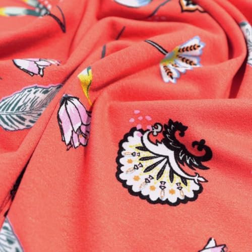 TOLKO bunter Designer Baumwoll-Jersey für Shirt Kleid Rock | Weich blickdicht elastisch | Jersey Stoff Meterware Kleiderstoff Stoffe zum Nähen Basteln | 150cm breit Baumwollstoff (Koralle Blumen)
