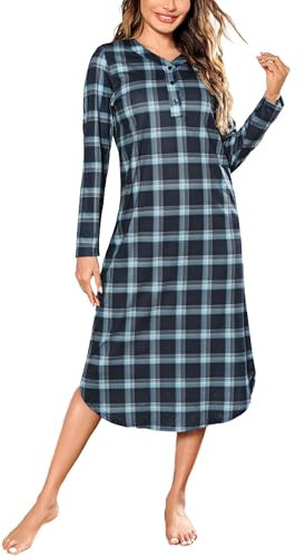 Irdcomps Chemise de Nuit Femme Longue Chemise de Nuit Manches Longues Col en V avec Boutons Doux et Léger à Carreaux Grande Taille Bleu XL