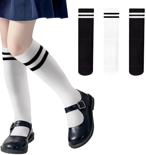 ZERULETS Mädchen Kniestrümpfe Knielang Socken Fußballsocken Kinder Streifen Schuleuniform Strümpfe Schwarz Weiß Rosa Sportsocken für Kleinkinder Mädchen und Jungen 5-12 Jahre