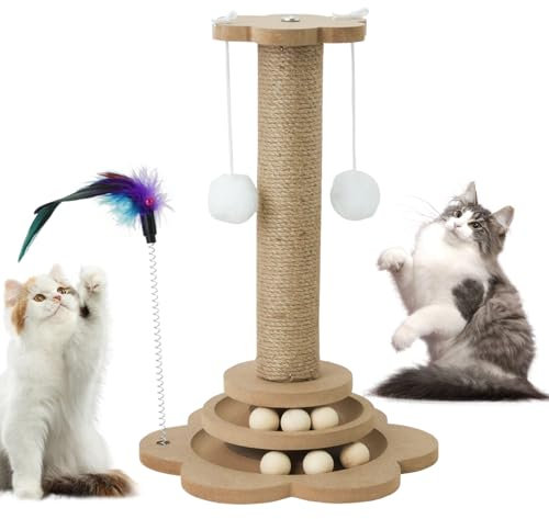 Arbre à Chat, Tour de Jeux Moderne 40 cm, avec Griffoirs, Coussins et Amovibles, Plate-Forme, Niche, Meuble pour Chats d’Intérieur, Marron Rustique et 4 Plumes pour des interactions joyeuses