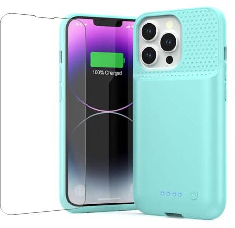 QTshine Battery Case for iPhone 13/13 Pro/14,[2025 Upgraded] 7500 mAh Ultra-Slim Portable Extended Charger Cover for iPhone 13/13 Pro/14 Charging Case (6.1 Inch)-Green