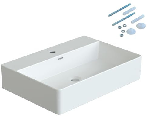 Waschbecken aus Keramik Weiß Eckig 60 x 42 cm Aufsatzwaschbecken für Waschtisch Unterschrank Waschplatz Hängewaschbecken Badezimmer Handwaschbecken Wandhängend Bad mit Hahnloch Überlauf Stockschrauben