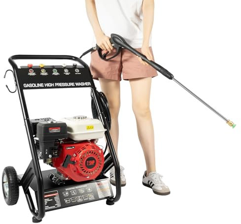 Benzin Hochdruckreiniger, Power Equipment Benzin Hochdruckreiniger 7.5 PS Viertaktmotor mit 5 Düsenaufsätze & Drei lange Schläuche, Profi Hochdruckreiniger für Höfen Außenmöbeln Gehwegen Terrassen Ver