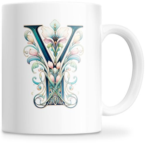 Cheerset Tasse avec Lettre et Initiale – Tasse à Café Alphabet Personnalisé avec Motif Floral – Tasse Personnalisé Mug Cadeau pour Femme, Maman, Dame, Amie – Cadeau Anniversaire, Fête des Mères (Y)
