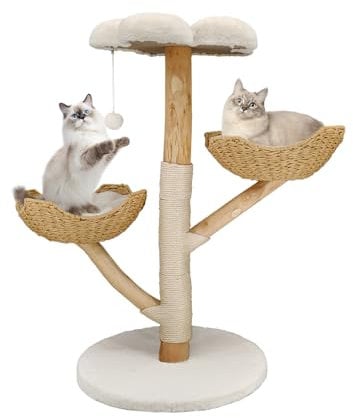 BingoPaw Tiragraffi per Gatti in Legno Massiccio: Alto 111cm Albero Tiragraffi per Gatti Molto Stabile con 2 Cesti per Gattini Arrampicarsi Dormire Giochi Torre Graffiatoio