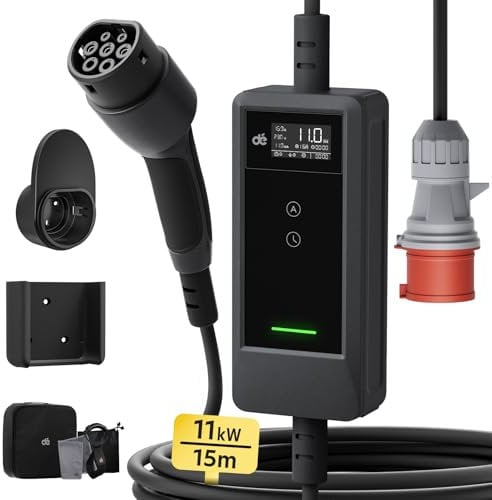 dé Mobile Wallbox/Ladestation 11kW [15m|3-phasig|6-16A] mit Einstellbarer Ladeleistung, Ladekabel CEE 16A auf Typ 2 und EV Ladegerät für Model Y/3, ID.3/4/5, MG4, EX30, e-up, e-tron und BEV/PHEV