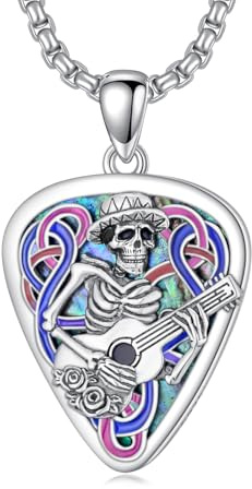 HUKKUN Gitarrenplektrum Kette Silber 925 Gitarrenskelett Halskette Tag der Toten Schmuck Gitarrengeschenke für Männer
