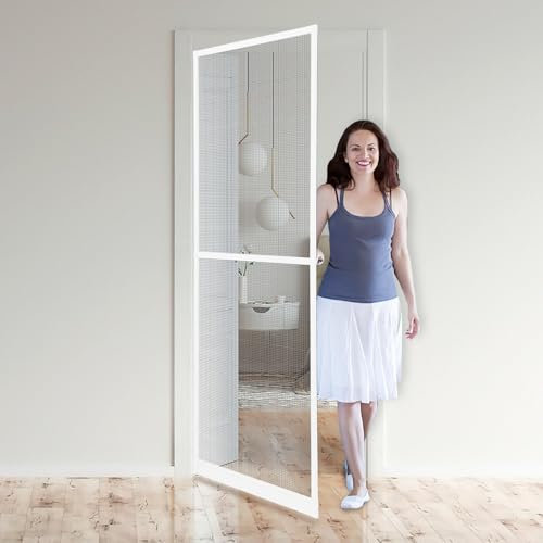 ISOISL Fliegengitter Tür mit Alurahmen 120x210cm Insektenschutz Belüftung Fliegengittertür weiß als Selbstbausatz mit Bürstendichtung,Insektenschutztür für Balkon Terrasse