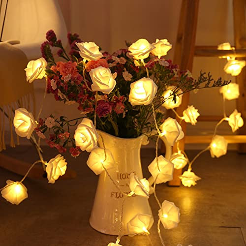 LED Lichterkette Rose, 3M 20 LED Lichterketten Innen Batterie, Rose Lichterkette Blumen Girlande, Frühling Deko Lichterkette für Schlafzimmer,Hochzeit,Party,Garten,Festival (white 3m)