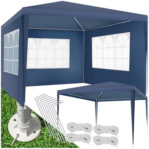 tectake® Pavillon 3x3 m mit verstärktem Gestell, Zelt groß, wasserdicht, Gartenpavillon, Partyzelt, Event Shelter, Festzelt, Gartenpavillon 3x3 m mit 3 Seitenwänden mit Fenstern, inkl. Heringe - blau