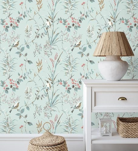 GAULAN 683551 - Papel pintado de ramas y pájaros estilo romántico fondo azul turquesa para pared habitación salón dormitorio pasillo - Rollo de 10 m x 0,53 m