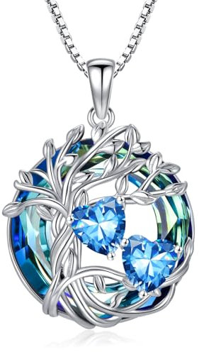 TOUPOP S925 Collier avec pendentif en forme d'arbre de vie en argent sterling 925 avec 2 pierres de naissance en forme de cœur avec cristal - Cadeau d'anniversaire et de Noël pour femme, 0,86*0,86