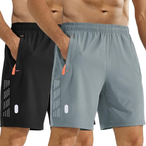Zoofly Lot de 2 Pantalons de Sport Courts Hommes Short de Sport d'été avec Poches zippées Pantalon élastique Football Fitness Tennis Hommes