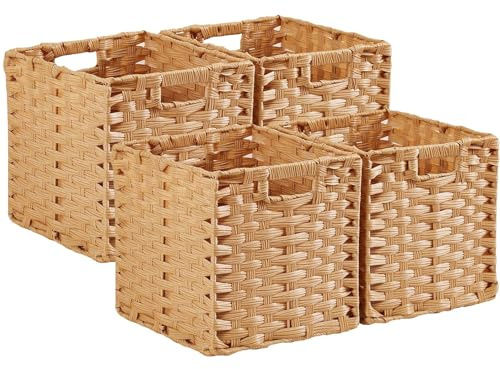 Mangata 25 cm Storage Cube Boxes for 27 cm Closet, Rattan Effect Storage Baskets, Wicker Woven Polyrattan Material Closet Organizer, 25x25x25 cm, Easy to Clean(Popcorn, 4 Pack)