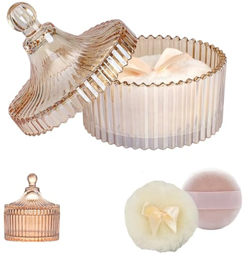 Puderdose Set Aus Glas, Puderetui für Körperpuder, Puderquaste, Yurt-Form | für Geeignet Als Geschenk für Frauen, für Zuhause Und Reisen (Bernsteinfarben)