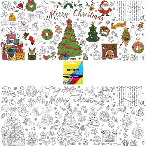 Auzlya Ausmaltischdecke Weihnachten Kinder, 183 x 76 cm DIY Papier-Tischdecke mit 24 Buntstiften, Weihnachts-Bastelposter, Mal Mich Bunt