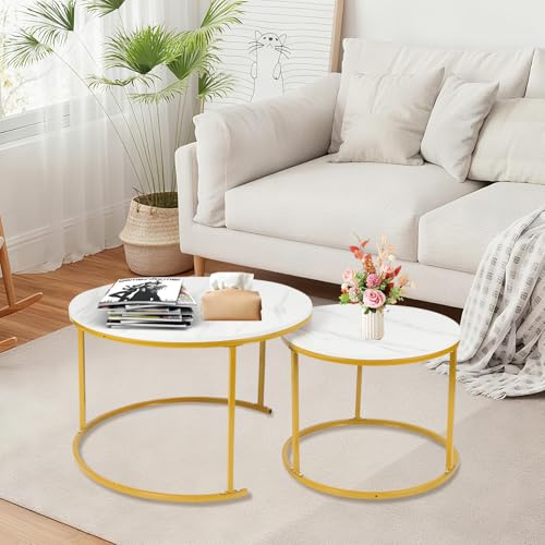 Couchtisch in Marmoroptik – Beistelltisch für Wohnzimmer – Durchmesser 40 + 60 cm – Groß Rund – MDF – für Wohnzimmer, Schlafzimmer, Balkon B (60 x 60 x 45 und 40 x 40 x 38 cm), goldene Füße