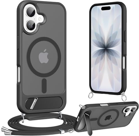 Jrkvniv Magnétique Coque avec Cordon pour iPhone 16 6,1 avec Support, Protection Militaire Mat Translucide Silicone Housse avec Béquille Antichoc Anti-Chute Cover avec Réglable Collier, Noir