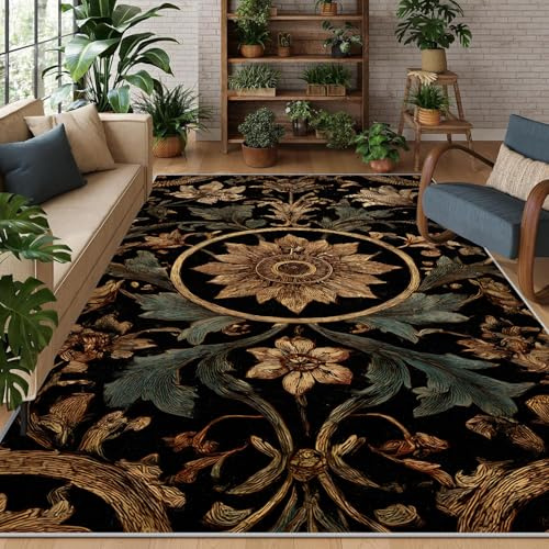 buyluhn Quadratischer Kurzflor Teppich 160x160 cm – Weich & Pflegeleicht, Barockes Blumen Ranken Rug Carpet Vintage Teppiche für Wohnzimmer & Schlafzimmer QO-9