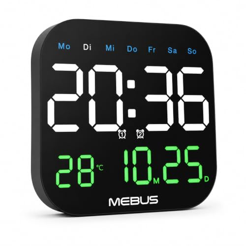 Mebus LED Wecker digital mit großen Zahlen | Wandmontage oder Tischuhr | XXL Display Wanduhr & mit Datum, Wochentag, Temperatur °C/°F, Weckfunktion, USB & Batteriebetrieb, 12/24h, Uhr in Schwarz