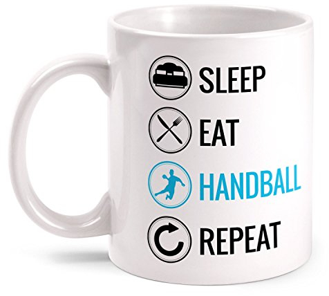 Fashionalarm Tasse Sleep Eat Handball Repeat beidseitig bedruckt mit lustigem Motiv | Geschenk Idee Handballspieler Handballer Handball spielen, Farbe:weiß