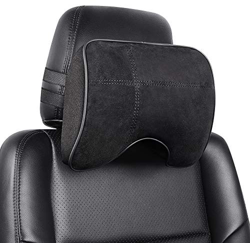EASY EAGLE Auto Nackenkissen aus Wildleder und Memory-Schaum, Nackenkissen mit Abnehmbarem Befestigungsgurt für Autositz, Schwarz, 1 Stück