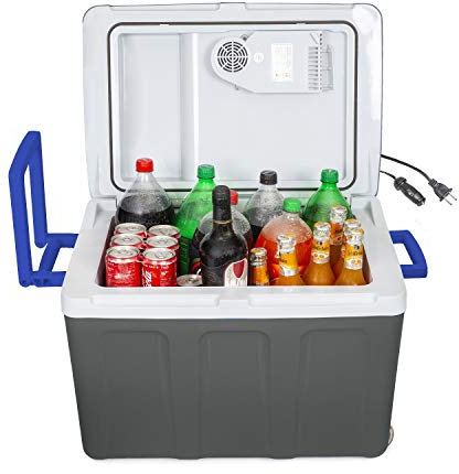 K-box Glacière électrique et réchauffeur avec roues pour voiture et maison – 45 litres – 1,8 m. Câbles extra longs double 110 V AC maison et prises de véhicule 12 V CC (gris blanc bleu)